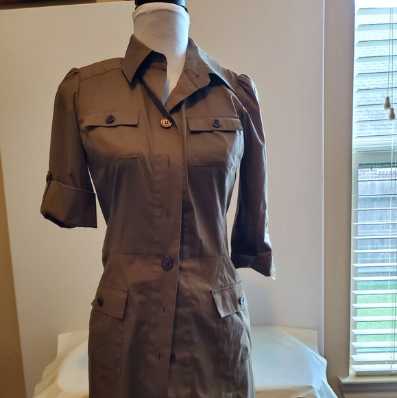 DVF Vintage Khaki Tan Safari Shirt Button Dress w Tie - Picture 10 of 10